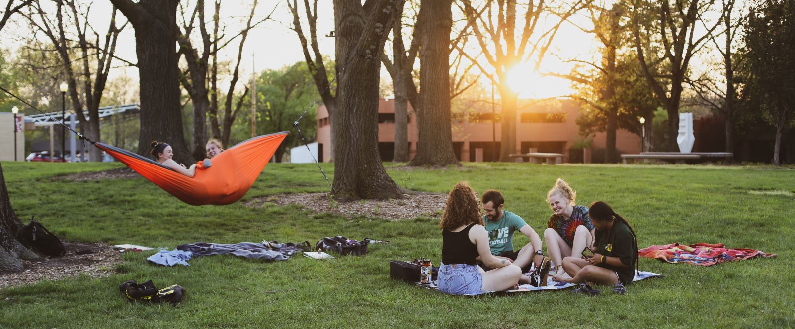 Group of students on the green in a hammock and on a picnic blanket with the sun setting in the background